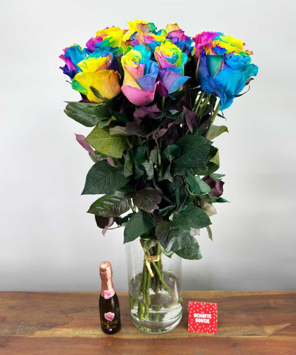 15 Rainbow roses - Prosecco (mini)