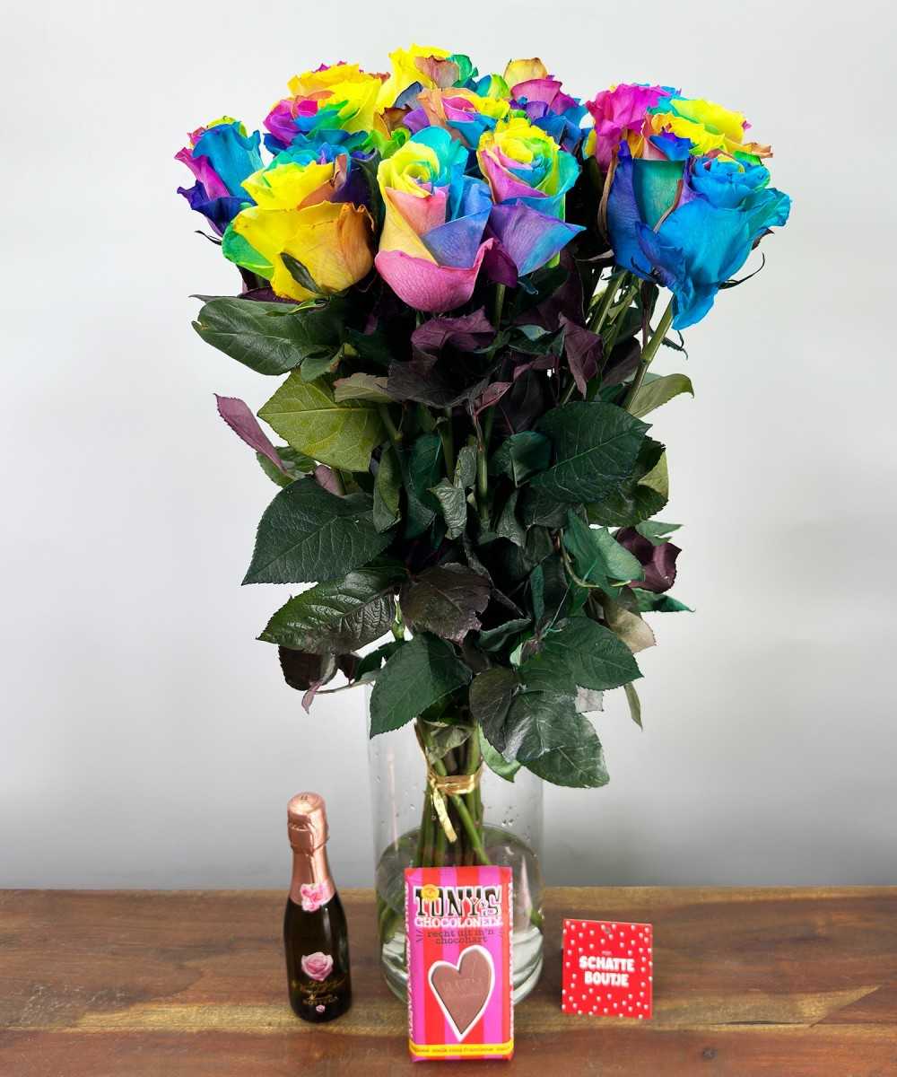 15 Rainbow roses - Prosecco (mini) - Tony's